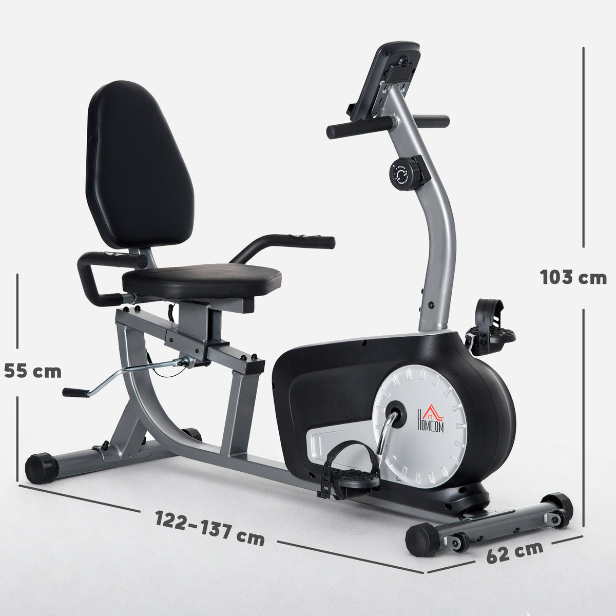 The stationary bike shown from the side with lines indicating its overall dimensions