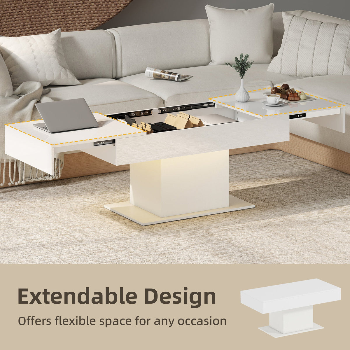The coffee table showing the extendable mechanism with items placed on the surface