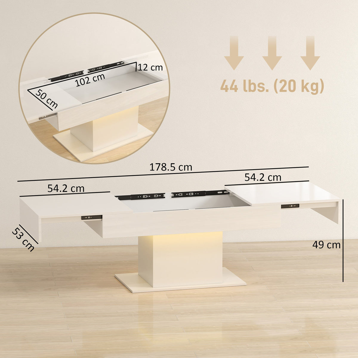 The coffee table with technical lines and arrows indicating dimensions and weight capacity