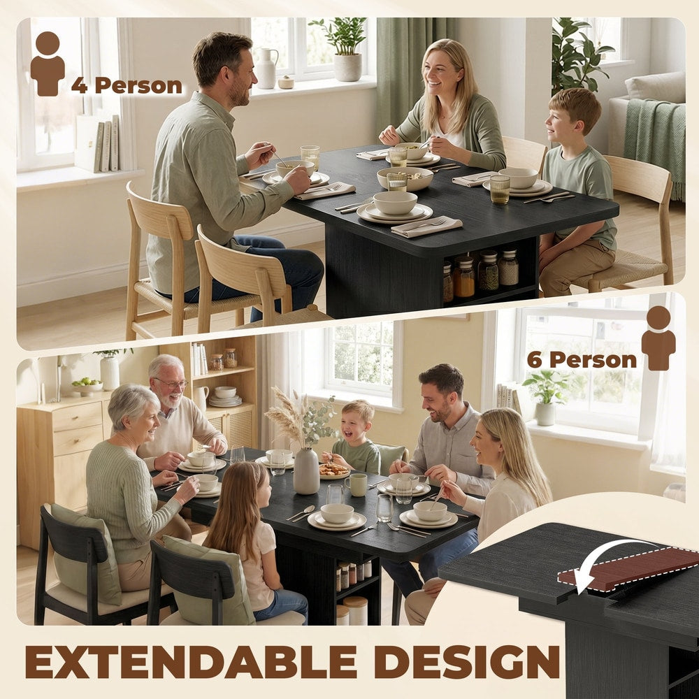 The extendable dining table shown set for four people and then for six people