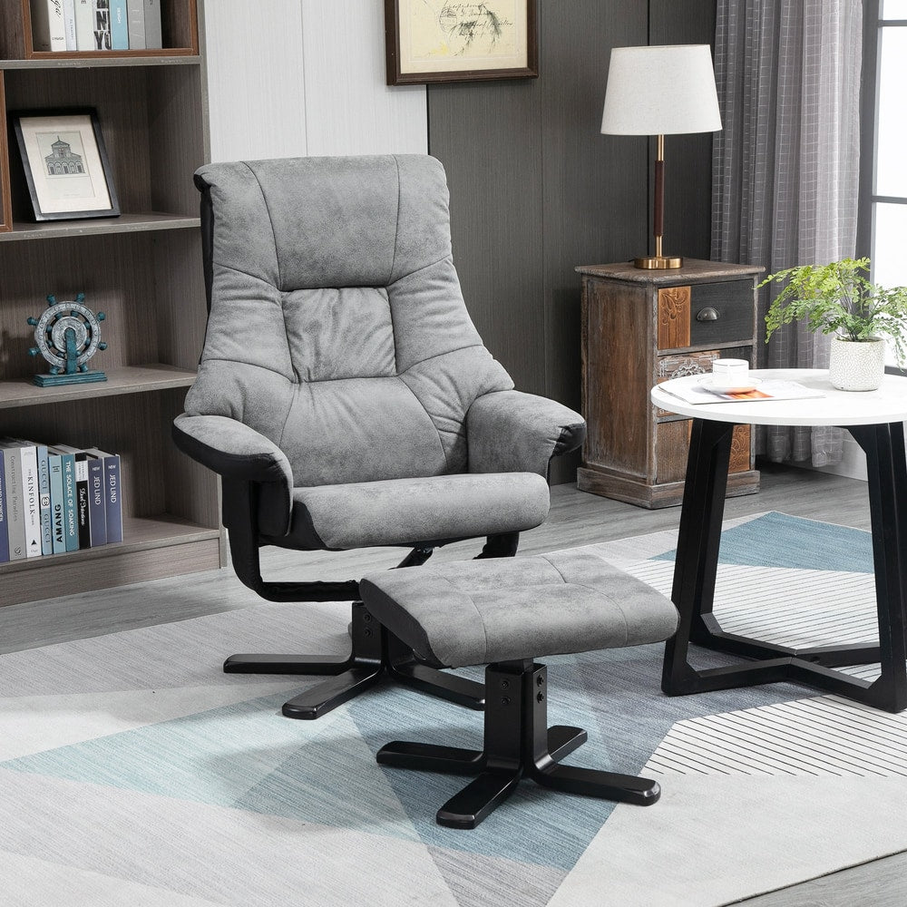 The grey fabric recliner armchair and footstool are shown in a modern living room setting