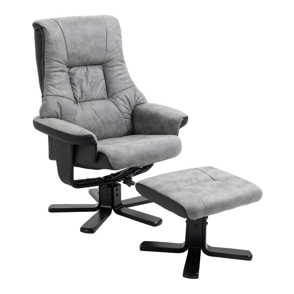 HOMCOM Fabric Recliner Sofa Armchair with footstool Swivel Sofa Grey, a grey armchair and footstool on a white background