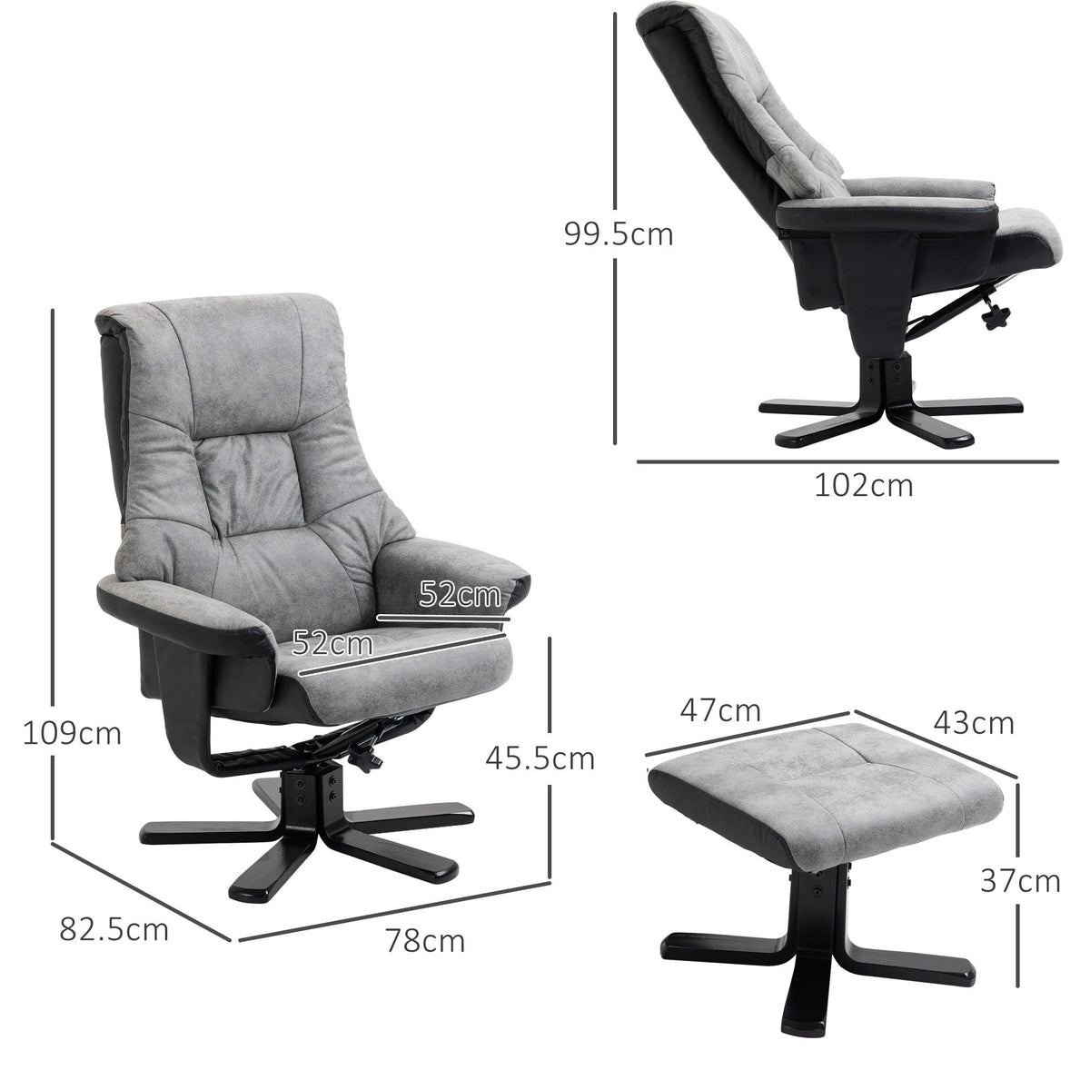 Dimensions diagram for the grey fabric recliner armchair and footstool