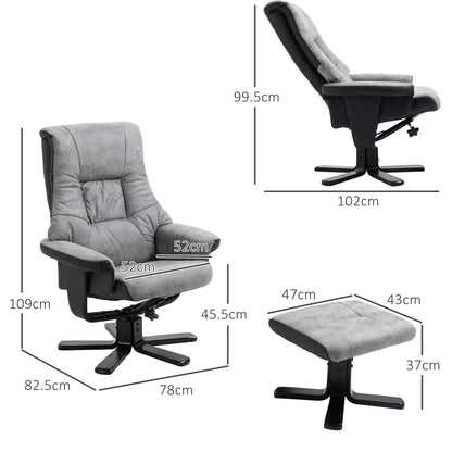 Dimensions diagram for the grey fabric recliner armchair and footstool