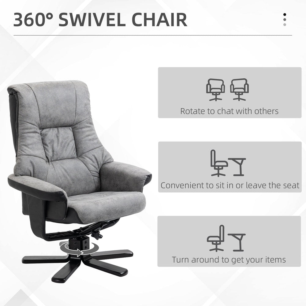 The grey fabric recliner armchair is shown with text explaining its swivel function