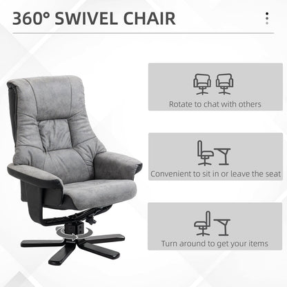 The grey fabric recliner armchair is shown with text explaining its swivel function