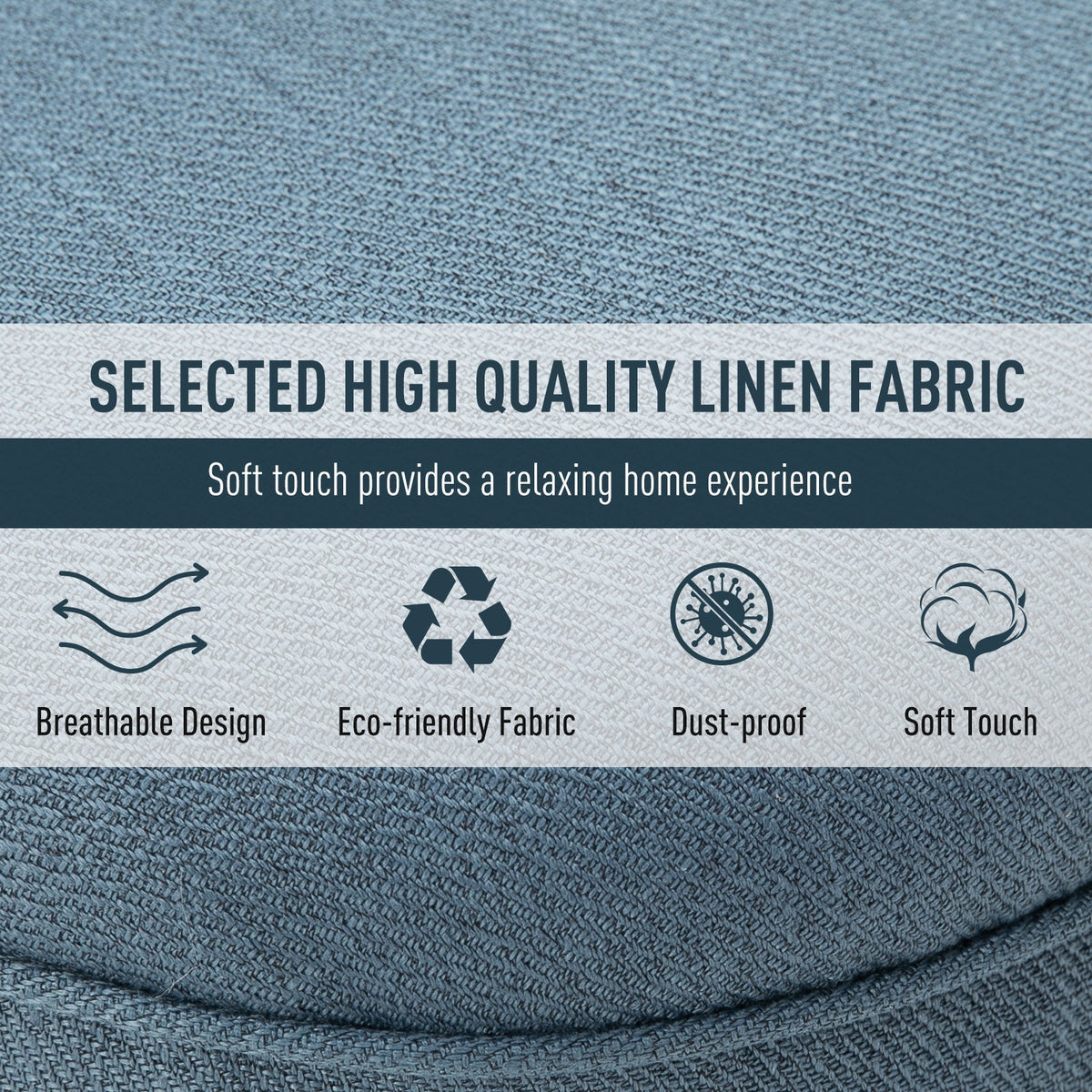 Close up of the blue fabric texture with icons describing the material properties