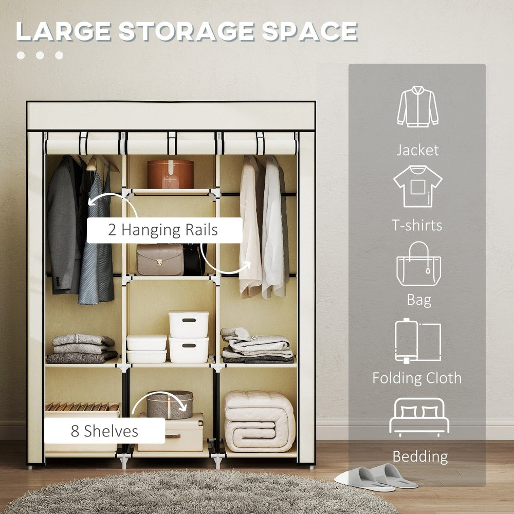 Cream white fabric wardrobe with hanging rails and shelves, featuring large storage space for clothes and bedding