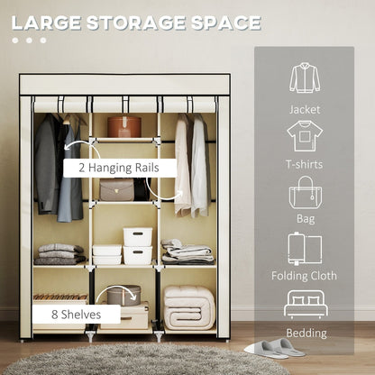 Cream white fabric wardrobe with hanging rails and shelves, featuring large storage space for clothes and bedding