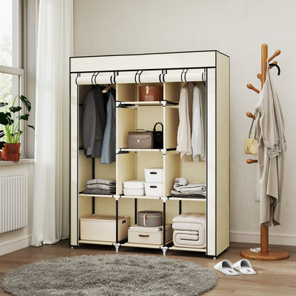 Cream white fabric wardrobe with clothes and storage boxes inside, shown in a bedroom setting