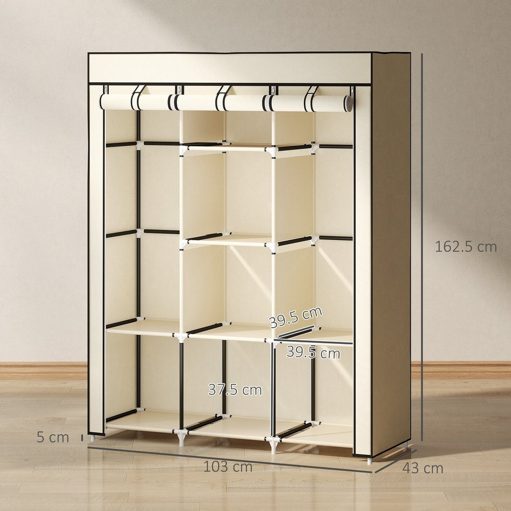 The cream white fabric wardrobe shown with dimensions for height, width and depth