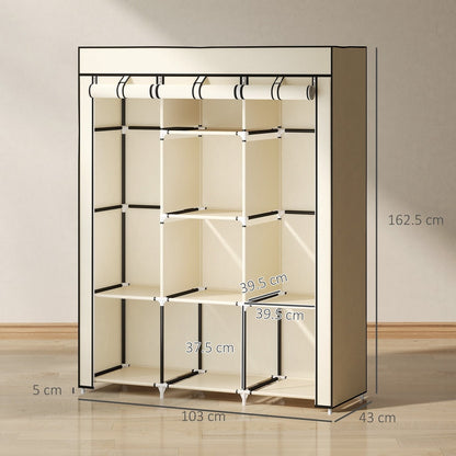 The cream white fabric wardrobe shown with dimensions for height, width and depth