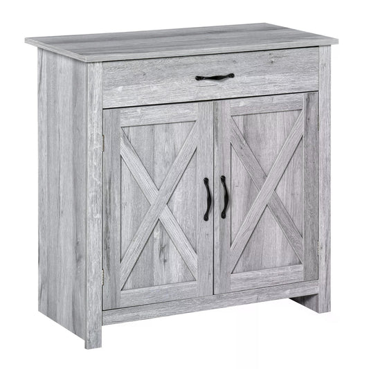 HOMCOM Farmhouse Barn Door Sideboard Storage Cabinet Coffee Bar in grey grain finish with double barn doors and a drawer