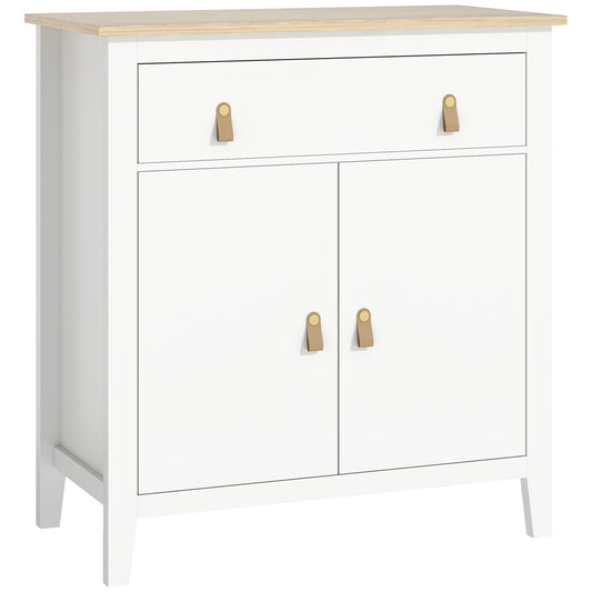 HOMCOM Farmhouse Style Sideboard - a white storage cabinet with a light wood top and two doors