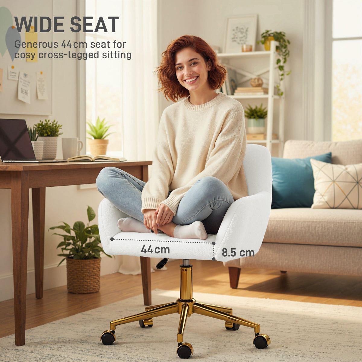 A woman sits comfortably on the cream white faux fur office chair