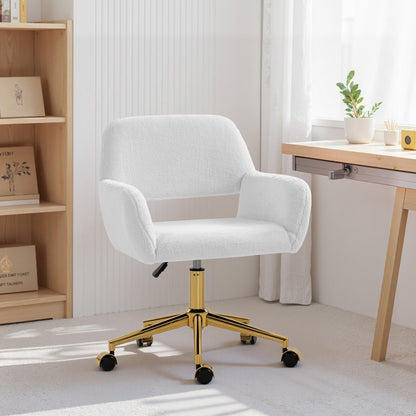 The cream white faux fur office chair is placed next to a desk in a bright room