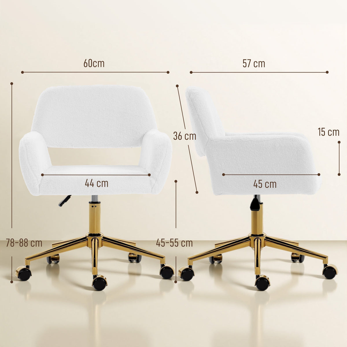 The cream white faux fur office chair with dimensions shown