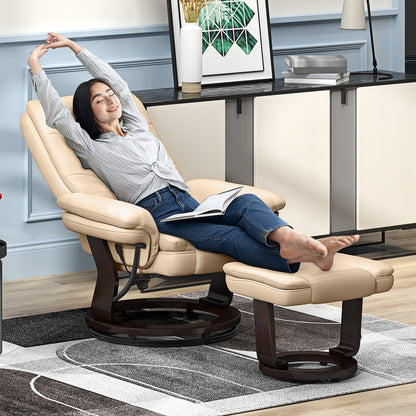 A woman relaxing in the beige reclining armchair and footstool in a living room setting