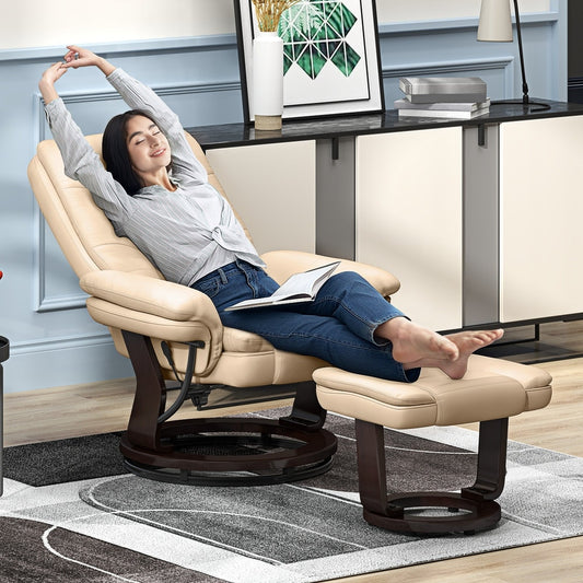 A woman relaxing in the beige reclining armchair and footstool in a living room setting