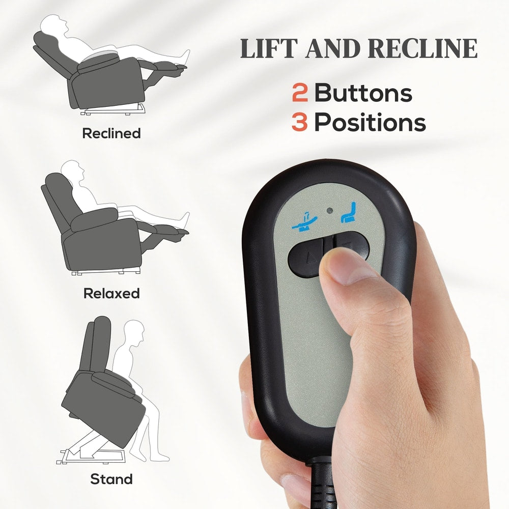 Close-up of the remote control for the electric riser recliner chair, showing buttons for lift and recline functions