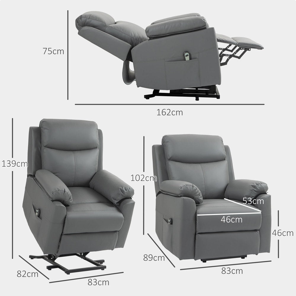 Dimensions diagram for the electric riser recliner chair, showing height, width, and depth in various positions