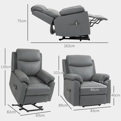 Dimensions diagram for the electric riser recliner chair, showing height, width, and depth in various positions
