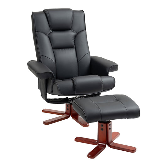 HOMCOM Faux Leather Manual Recliner and Footstool Set in black with wooden cross bases