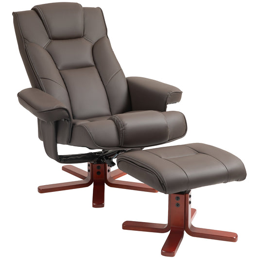 HOMCOM Faux Leather Manual Recliner and Footstool Set in brown faux leather with wooden base