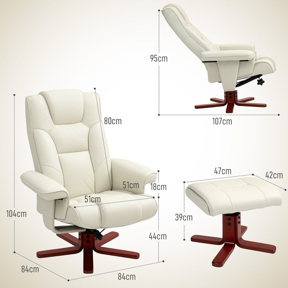 Cream white faux leather recliner armchair and footstool set with dimensions