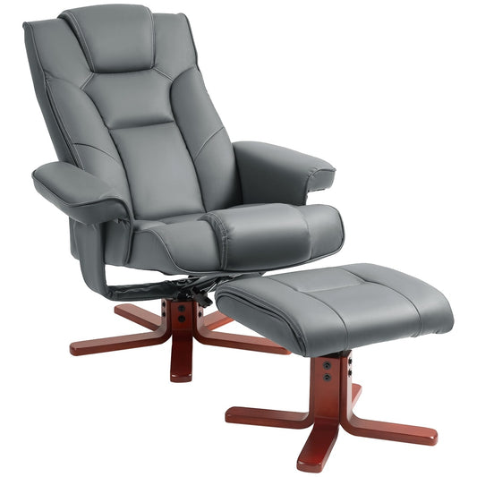 HOMCOM Faux Leather Manual Recliner and Footstool Set in grey, shown with the recliner upright