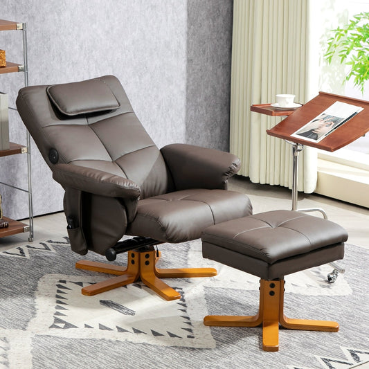 Brown faux leather massage recliner chair and ottoman in a living room setting