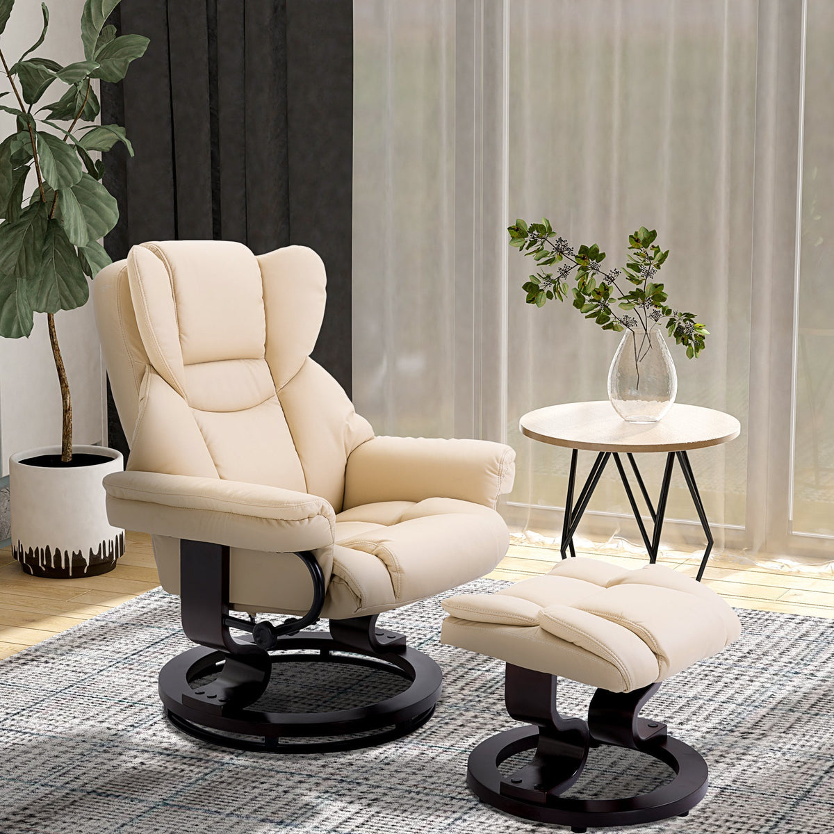 Cream PU leather recliner armchair and footstool set in a modern living room setting