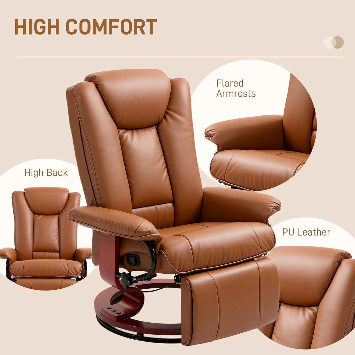 Collage highlighting the high back, flared armrests and smooth faux leather upholstery