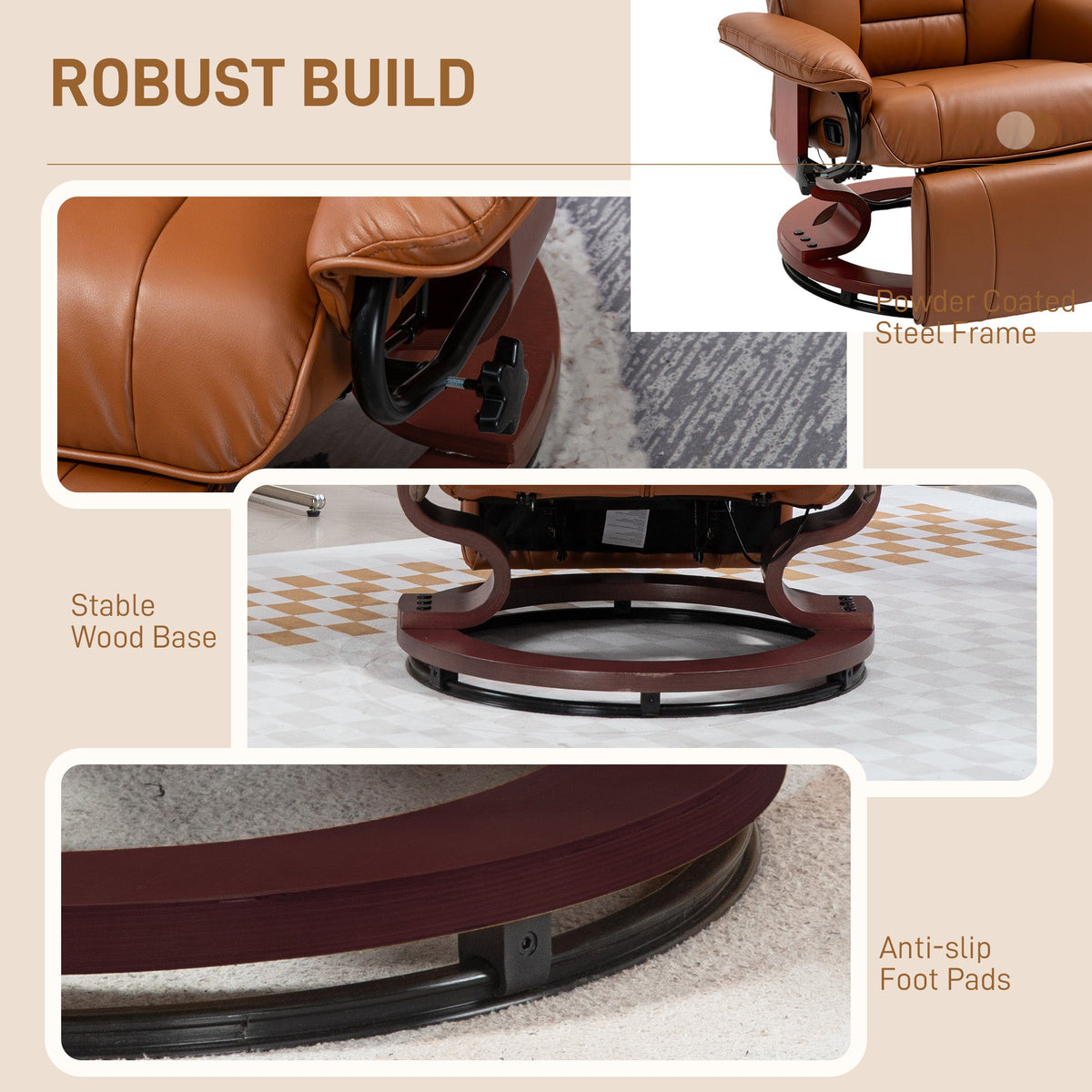 HOMCOM Faux Leather Recliner Chair, close up views of the steel frame, wooden base and anti-slip pads on the armchair
