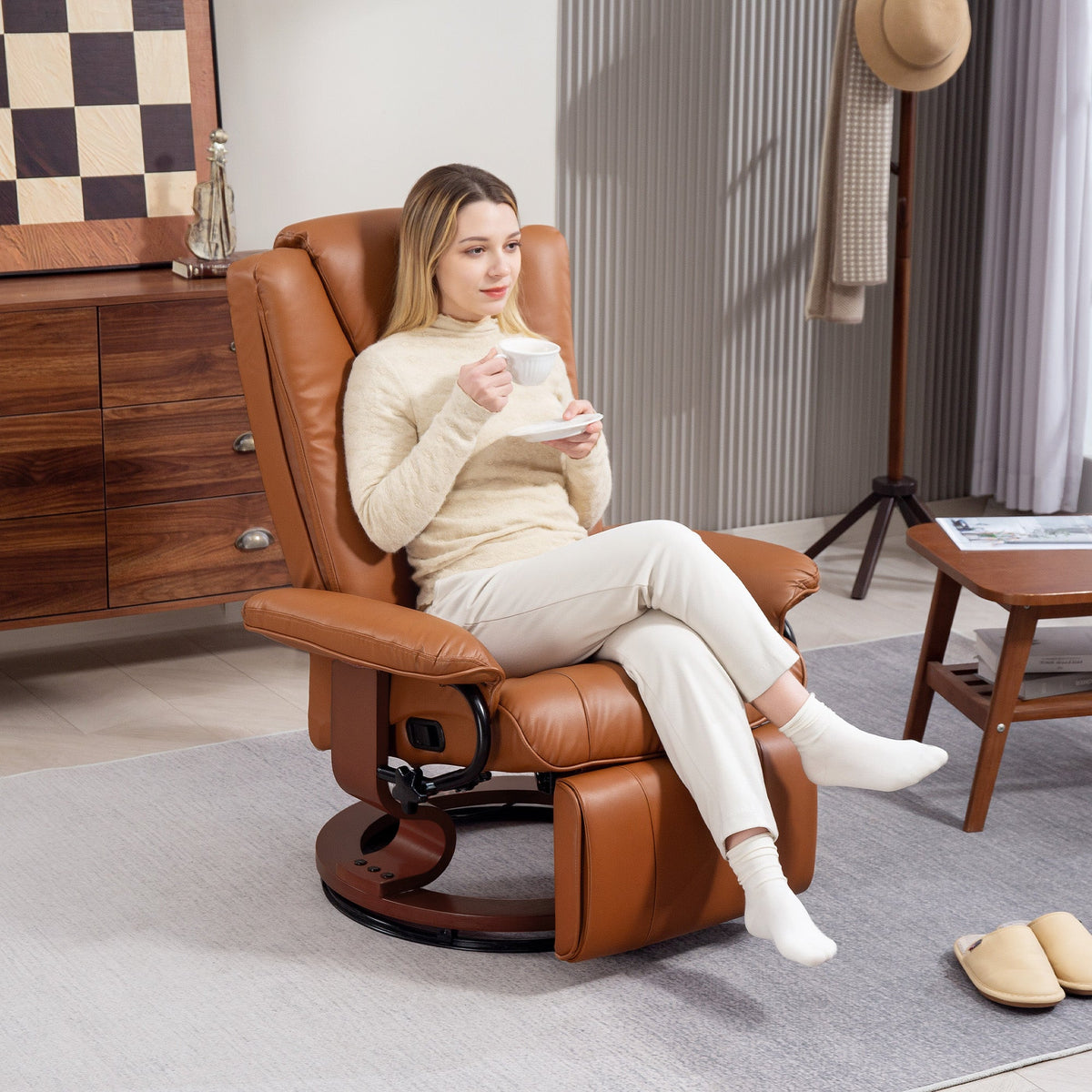 The brown recliner chair positioned in a bright living room setting