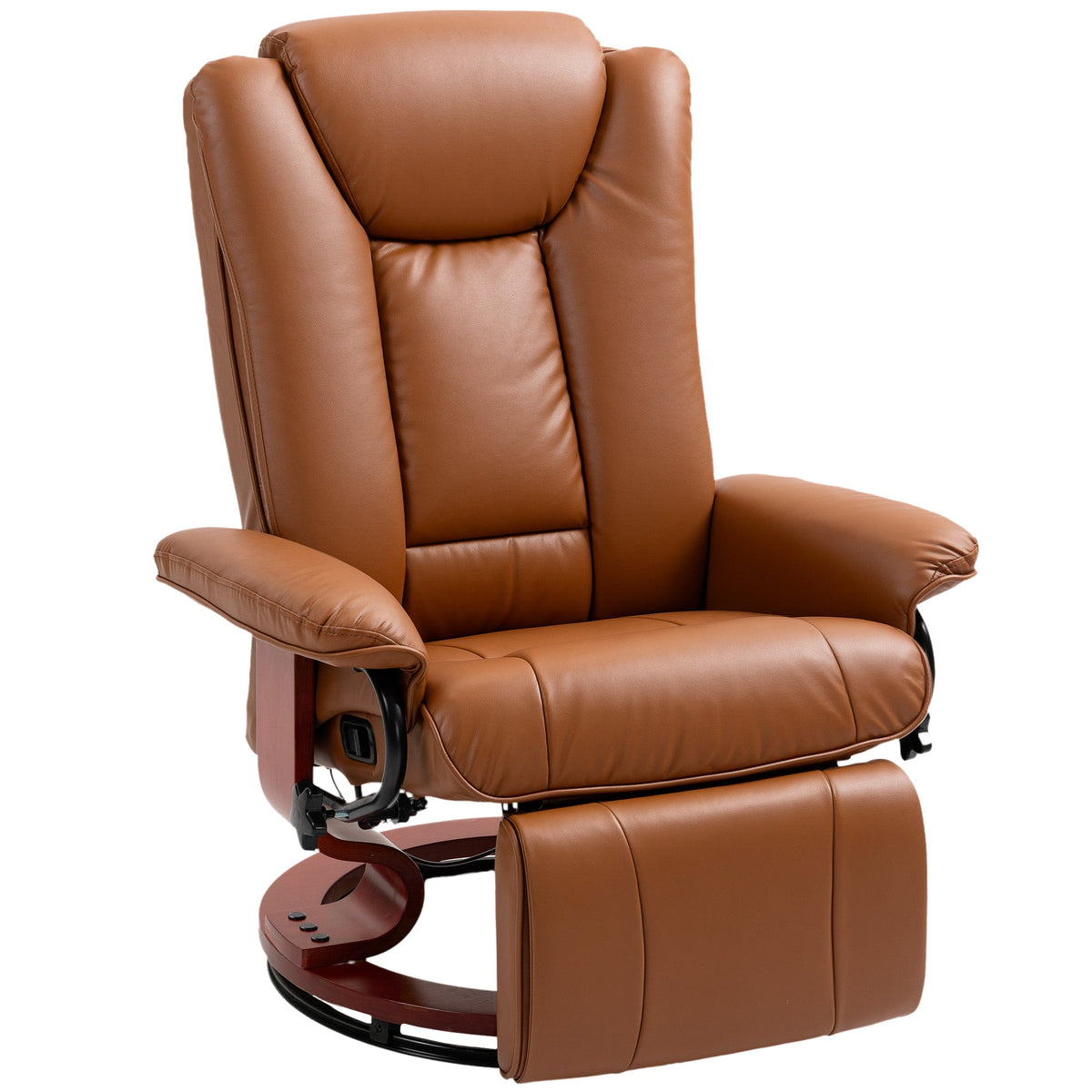 HOMCOM Faux Leather Recliner Chair in brown with a circular wooden base and extended footrest