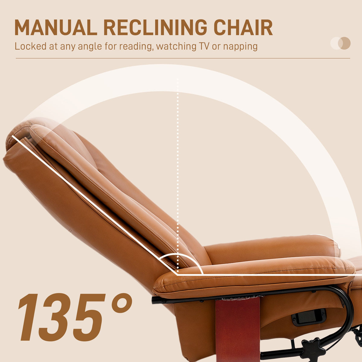 Close up of the recliner chair showing the backrest tilted at a one hundred thirty five degree angle