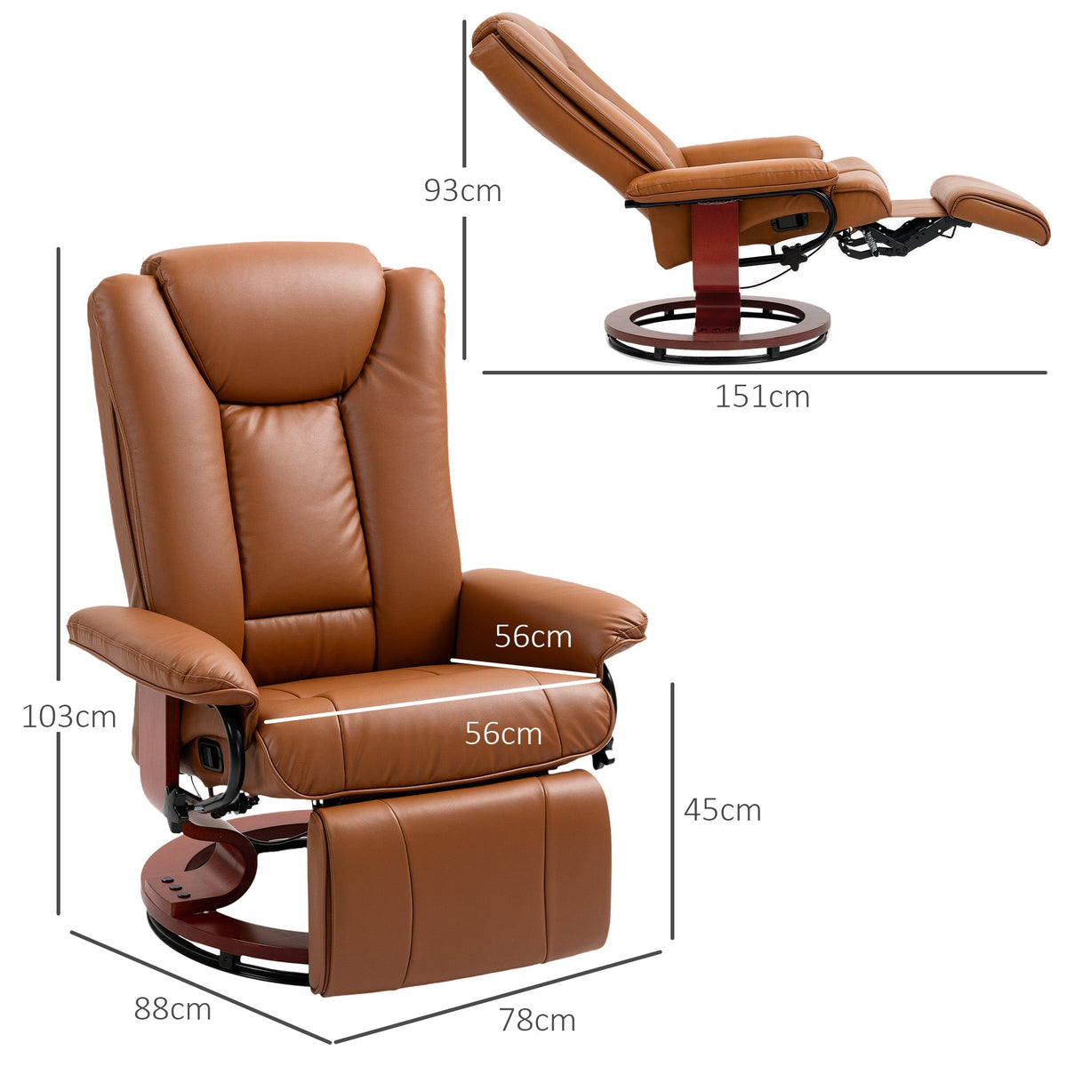 The recliner chair shown from two angles with various technical dimensions
