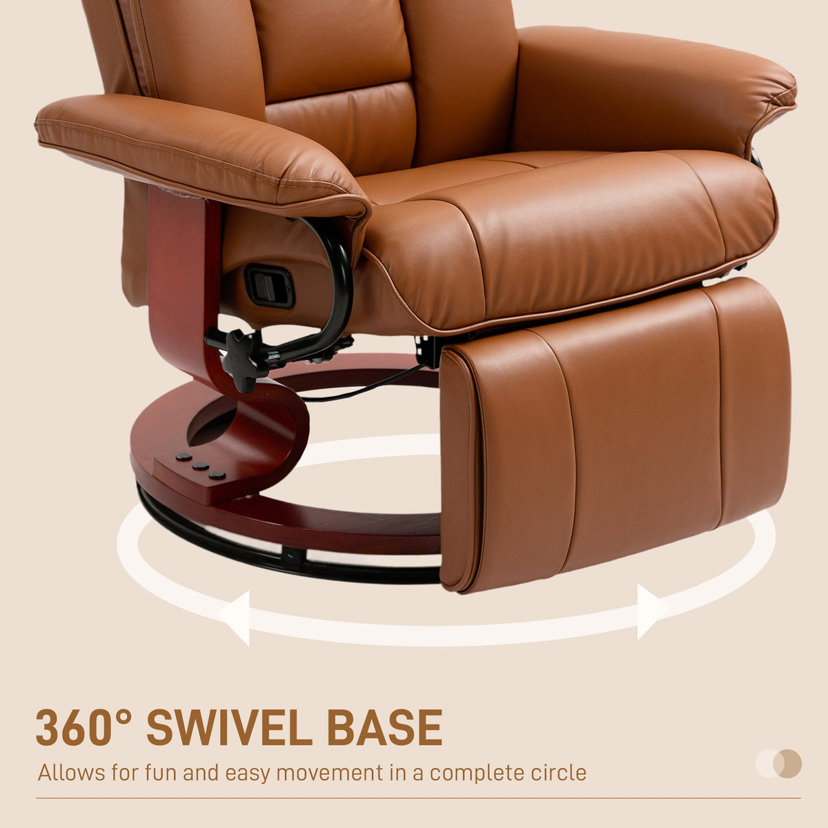 The circular wooden base supporting the recliner chair for rotation