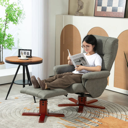The grey armchair and footstool in a living room with a person reading a book