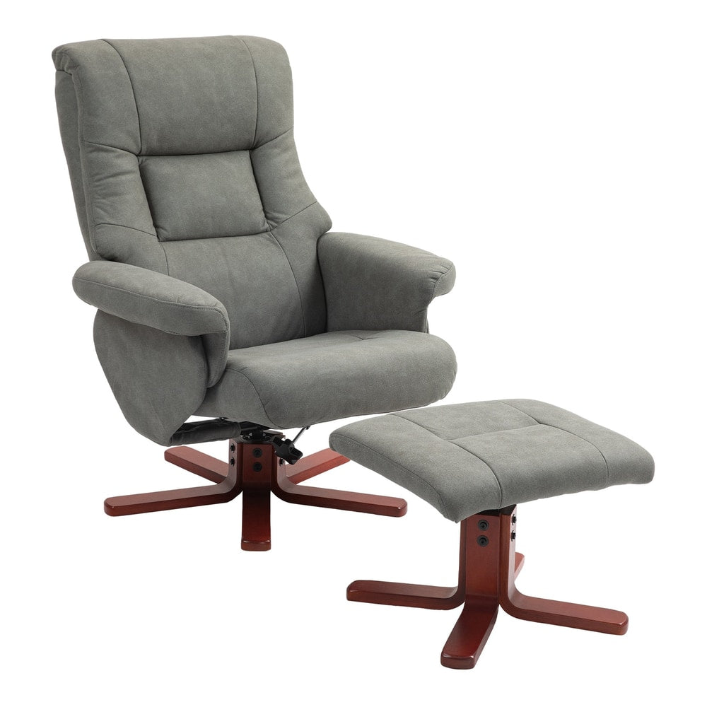 HOMCOM Faux Microfibre Leather Manual Recliner and Footstool Set in grey on a white background