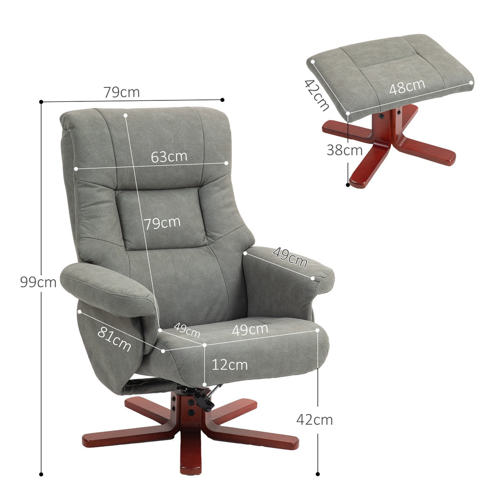 The recliner and footstool showing various dimensions with arrows and labels