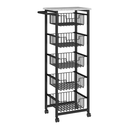 HOMCOM Five Basket Mobile Kitchen Island with a grey top and black metal frame on wheels