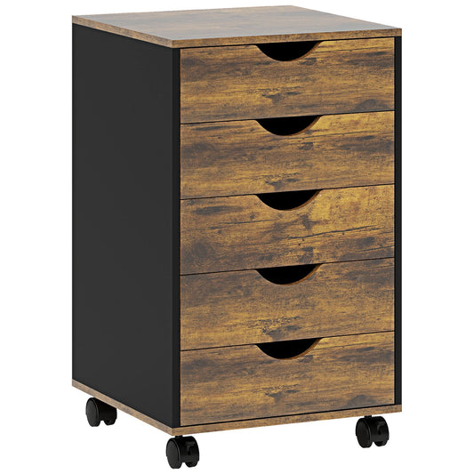 HOMCOM Five-Drawer Filing Cabinet in rustic brown with five drawers and black sides