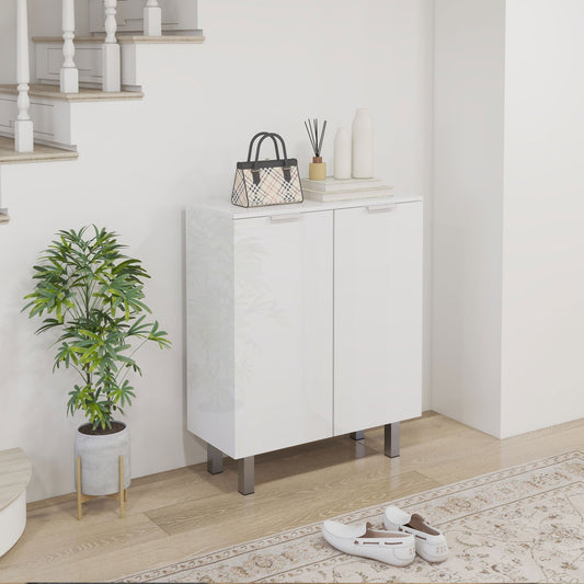White shoe storage cupboard in a hallway with a plant and accessories