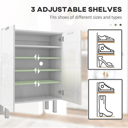 Open white shoe storage cupboard showing adjustable shelves