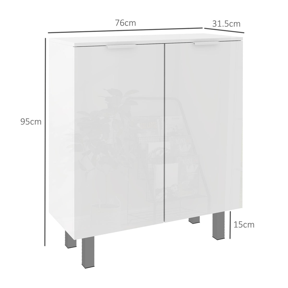 White shoe storage cupboard with dimensions indicated