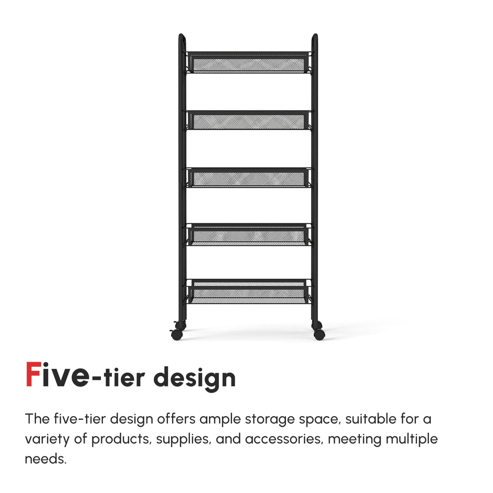 The five-tier storage trolley from the back, showing its slim profile and mesh construction