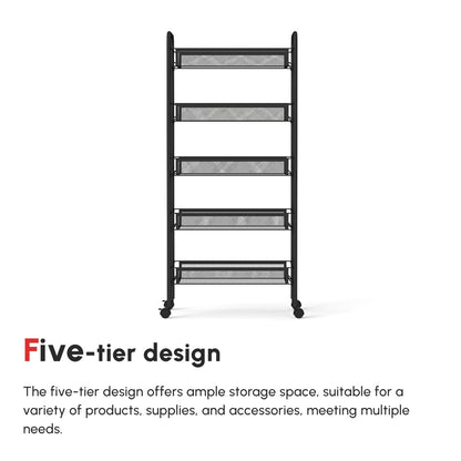 The five-tier storage trolley from the back, showing its slim profile and mesh construction