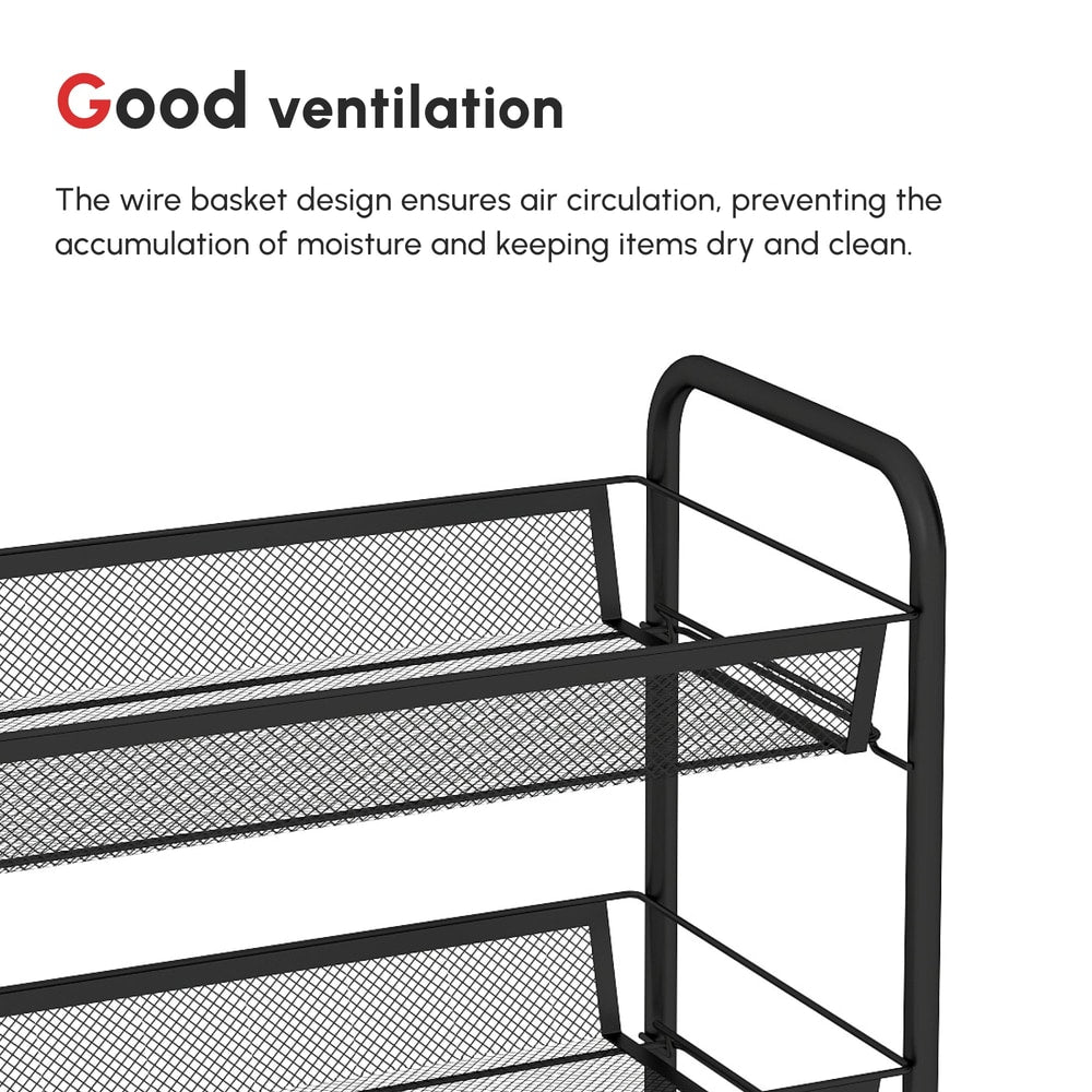 Close-up of the mesh basket design on the kitchen furniture trolley, highlighting ventilation